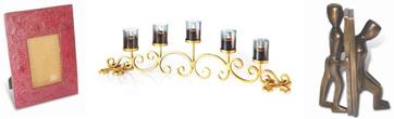 Metal photo frames, candleholders and bookends