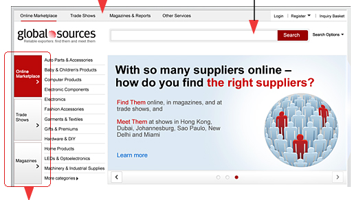 Redesigned top navigation bar and search box for your sourcing needs